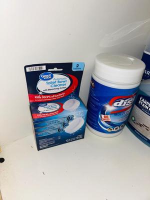 TRIO OF DAZZ CLEANERS, BLEACH,CARPET CLEANER, TOILET BOWL TABLETS, DISINFECTING WIPES AND MORE