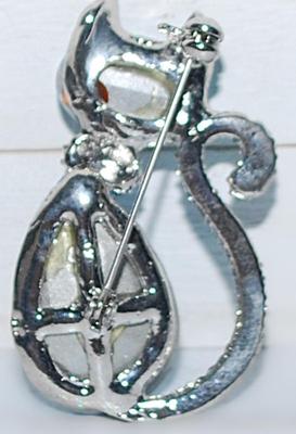 Teardrop Beveled Bejeweled BLUE CAT BROOCH (2" x 1¼") with Collar, Ears & Tail Accent Stones on a Silver Tone Setting