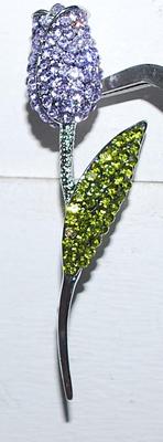 Light PINK TULIP BROOCH (2½" x ¾") with Citrine Green Leaf & Silver Colored Stem on a Silver Tone Setting