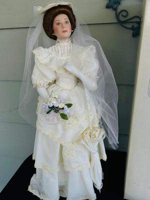 CLASSIC BRIDE OF THE CENTURY, “FLORA” with certificate of authenticity AND REPRODUCTION ANTIQUE HANDMADE WOOD & BISQUE DOLL