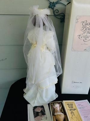 CLASSIC BRIDE OF THE CENTURY, “FLORA” with certificate of authenticity AND REPRODUCTION ANTIQUE HANDMADE WOOD & BISQUE DOLL