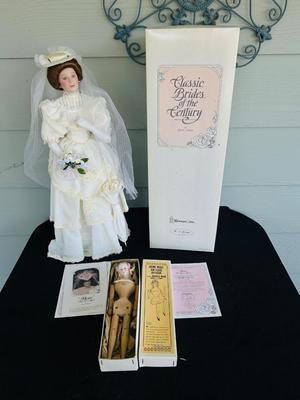 CLASSIC BRIDE OF THE CENTURY, “FLORA” with certificate of authenticity AND REPRODUCTION ANTIQUE HANDMADE WOOD & BISQUE DOLL