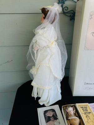 CLASSIC BRIDE OF THE CENTURY, “FLORA” with certificate of authenticity AND REPRODUCTION ANTIQUE HANDMADE WOOD & BISQUE DOLL