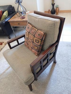 Mid-Century Modern Style Wood Accent Chair with Cushions Najarian Furniture Grid-Back Accent Chair with Cushions