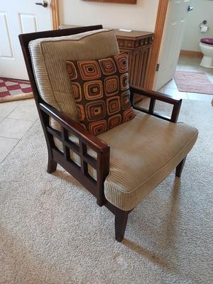 Mid-Century Modern Style Wood Accent Chair with Cushions Najarian Furniture Grid-Back Accent Chair with Cushions