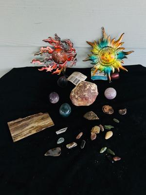 WIND CHIMES, MARBLE EGGS, POLISHED ROCKS AND PATIO WALL ART
