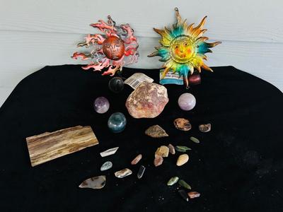 WIND CHIMES, MARBLE EGGS, POLISHED ROCKS AND PATIO WALL ART