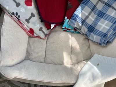LARGE DOG BED, BLANKETS AND FEEDING/WATERING DISHES