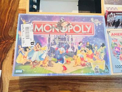 DISNEY MONOPOLY NEW INBOX, NEAT WOODEN SHAKE 45 GAME, AND A VARIETY OF PUZZLES