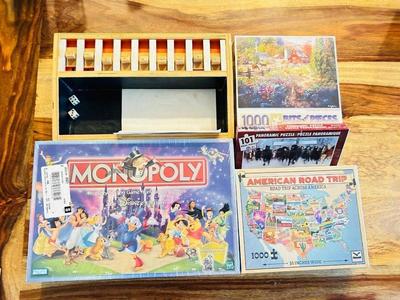 DISNEY MONOPOLY NEW INBOX, NEAT WOODEN SHAKE 45 GAME, AND A VARIETY OF PUZZLES