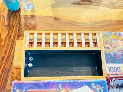 DISNEY MONOPOLY NEW INBOX, NEAT WOODEN SHAKE 45 GAME, AND A VARIETY OF PUZZLES