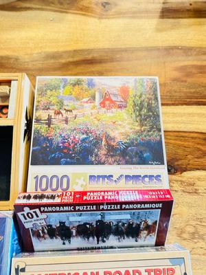 DISNEY MONOPOLY NEW INBOX, NEAT WOODEN SHAKE 45 GAME, AND A VARIETY OF PUZZLES