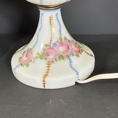 LOT 78L: Pair of Vintage Hand Painted Floral Milk Glass Electric Lamps