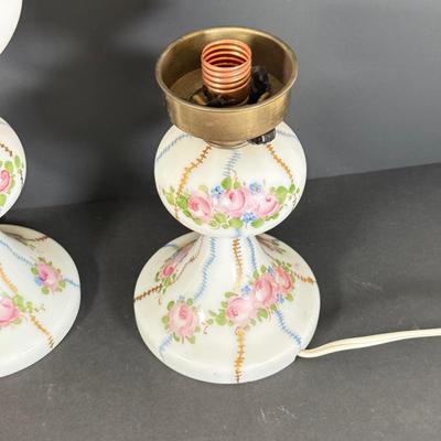 LOT 78L: Pair of Vintage Hand Painted Floral Milk Glass Electric Lamps