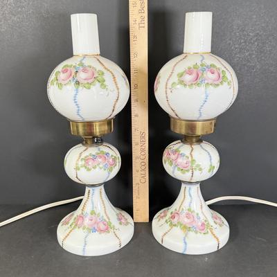 LOT 78L: Pair of Vintage Hand Painted Floral Milk Glass Electric Lamps