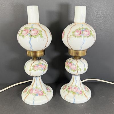 LOT 78L: Pair of Vintage Hand Painted Floral Milk Glass Electric Lamps