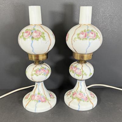 LOT 78L: Pair of Vintage Hand Painted Floral Milk Glass Electric Lamps