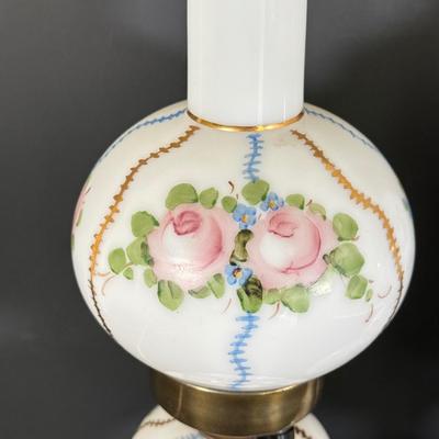 LOT 78L: Pair of Vintage Hand Painted Floral Milk Glass Electric Lamps