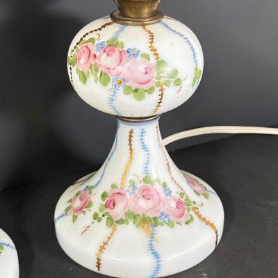 LOT 78L: Pair of Vintage Hand Painted Floral Milk Glass Electric Lamps
