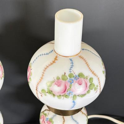 LOT 78L: Pair of Vintage Hand Painted Floral Milk Glass Electric Lamps