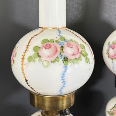 LOT 78L: Pair of Vintage Hand Painted Floral Milk Glass Electric Lamps