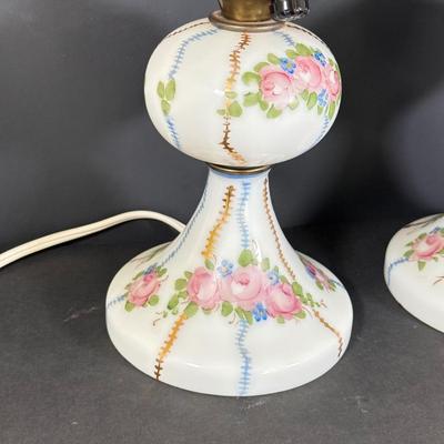 LOT 78L: Pair of Vintage Hand Painted Floral Milk Glass Electric Lamps