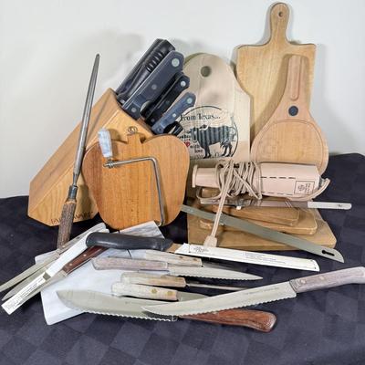 LOT 191K: Farberware Knife Block, General Electric Carving Knife w/ Collection of Knives & Cutting Boards
