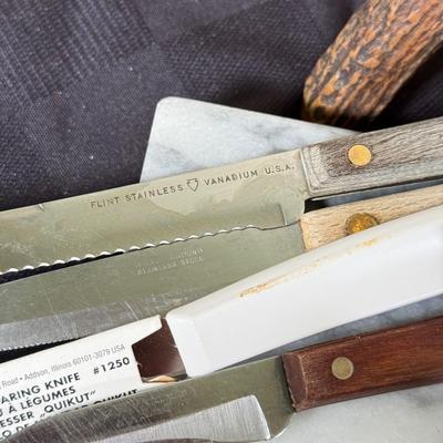 LOT 191K: Farberware Knife Block, General Electric Carving Knife w/ Collection of Knives & Cutting Boards