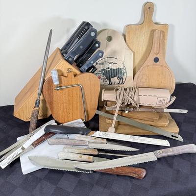 LOT 191K: Farberware Knife Block, General Electric Carving Knife w/ Collection of Knives & Cutting Boards