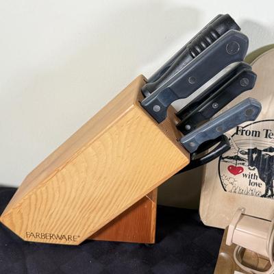LOT 191K: Farberware Knife Block, General Electric Carving Knife w/ Collection of Knives & Cutting Boards