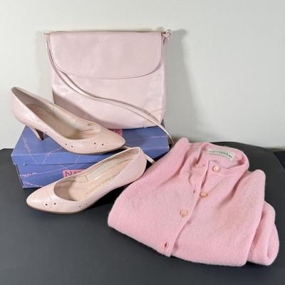 LOT 198L: Pretty in Pink: Susan Reade Purse, Vintage Cashmere Sweater & Shoes