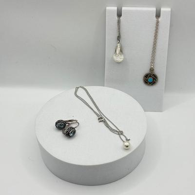 LOT 212J: 925 Sterling Silver Jewelry (11.38gtw) featuring Sterling Floating Opal Tulip Cap Pendant Necklace