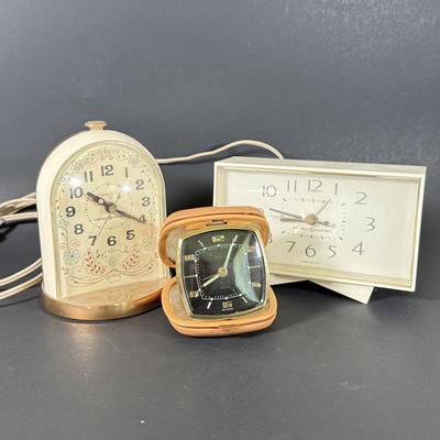 LOT 233D: Vintage Clocks: Elgin Leather Case Pocket Clock made in Western Germany & General Electric Clocks Models 7391-4 & 7309