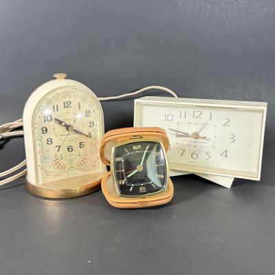 LOT 233D: Vintage Clocks: Elgin Leather Case Pocket Clock made in Western Germany & General Electric Clocks Models 7391-4 & 7309