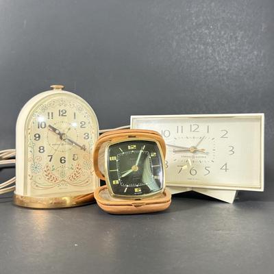LOT 233D: Vintage Clocks: Elgin Leather Case Pocket Clock made in Western Germany & General Electric Clocks Models 7391-4 & 7309