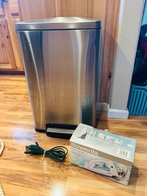 TRAMONTINA STAINLESS STEEL TRASH CASH, ROWENTA POWER GLIDE 2 IRON AND EXTENSION CORD