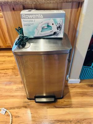 TRAMONTINA STAINLESS STEEL TRASH CASH, ROWENTA POWER GLIDE 2 IRON AND EXTENSION CORD