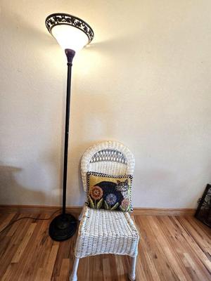 Wicker Chair, Needlepoint Pillow & Decorative Floor Lamp