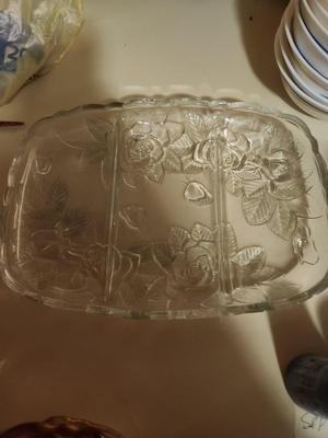 3 Section Glass Plate w/ Rose Pattern
