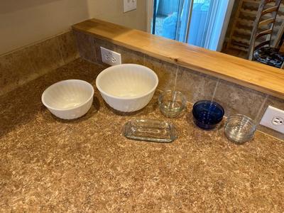 FIRE KING SERVING BOWLS, BUTTER DISH AND MORE