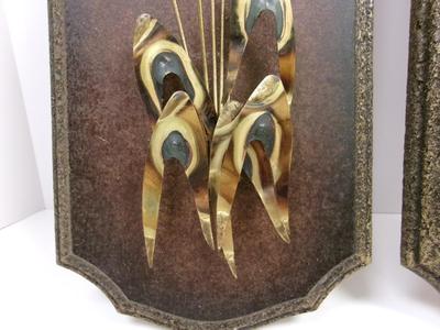 Vintage MCM Copper Brass Wood Tall Grass & Cattails Wheat Sculpture Wall Plaques Mid Century