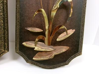 Vintage MCM Copper Brass Wood Tall Grass & Cattails Wheat Sculpture Wall Plaques Mid Century