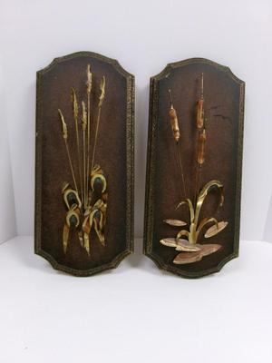 Vintage MCM Copper Brass Wood Tall Grass & Cattails Wheat Sculpture Wall Plaques Mid Century