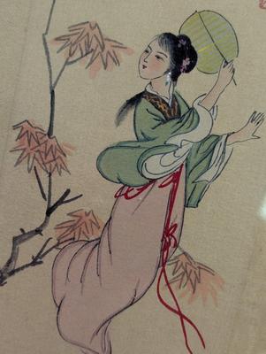 Signed Silk Fabric Painting Chinese Woman Chinese Landscape