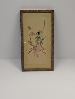 Signed Silk Fabric Painting Chinese Woman Chinese Landscape