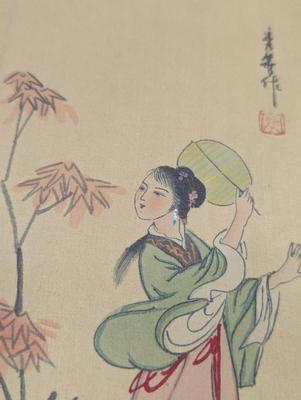 Signed Silk Fabric Painting Chinese Woman Chinese Landscape