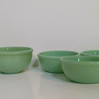 LOT 211: Fire King Jadeite Coffee Mugs with (3) Cereal Bowls and a Small Mixing Bowl