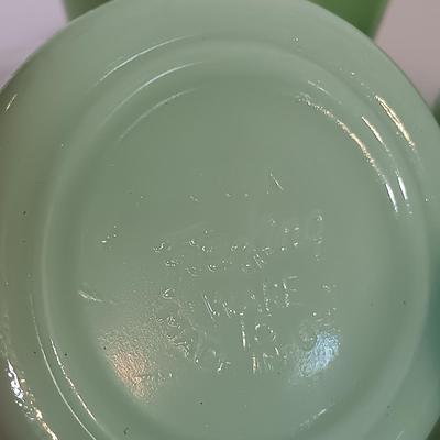 LOT 211: Fire King Jadeite Coffee Mugs with (3) Cereal Bowls and a Small Mixing Bowl