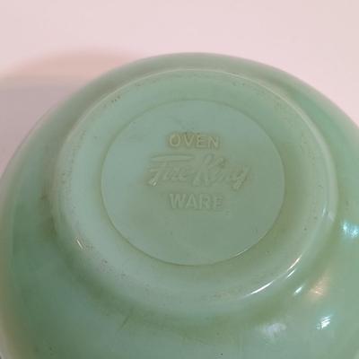 LOT 211: Fire King Jadeite Coffee Mugs with (3) Cereal Bowls and a Small Mixing Bowl