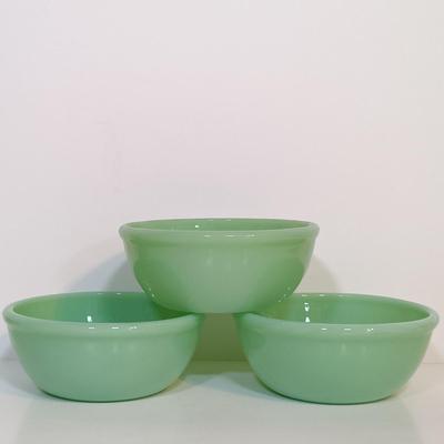 LOT 211: Fire King Jadeite Coffee Mugs with (3) Cereal Bowls and a Small Mixing Bowl